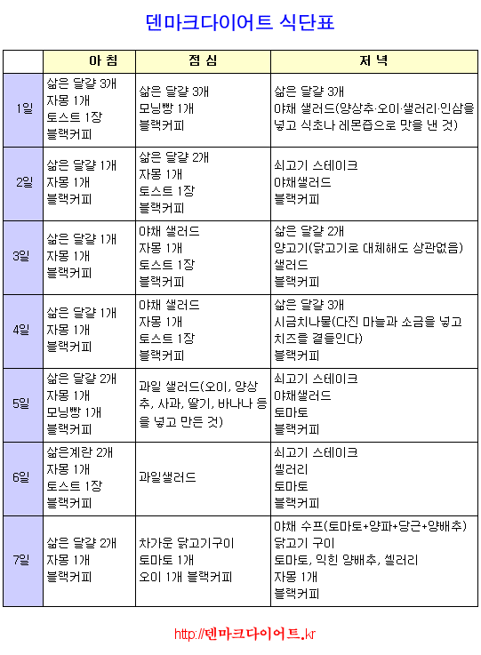 덴마크다이어트 보식기간 과 식단표